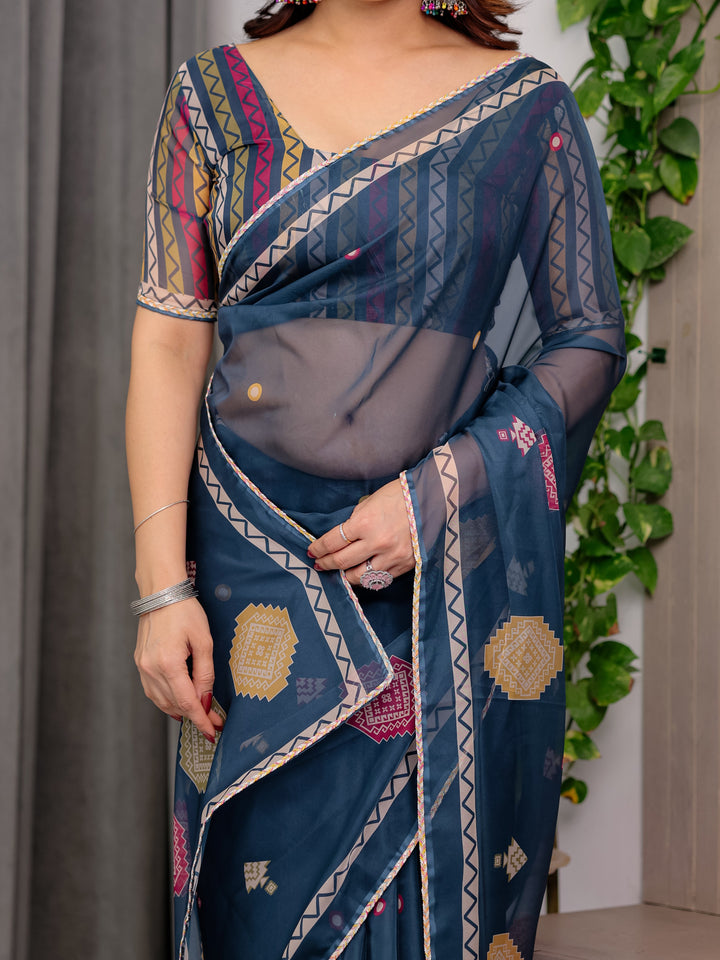 Navy Blue Printed Organza Saree with Geometric Motifs & Multicolour Lace Border | Designer Lightweight Organza Saree with Attached Blouse Piece | Elegant Festive & Party Wear Saree