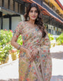 Ivory Beige Handloom Cotton Saree with Multicolor Floral & Peacock Tree of Life Pallu