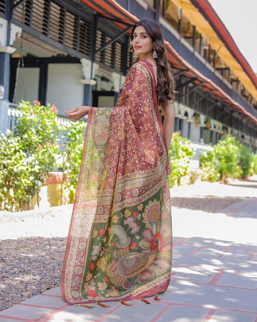 Maroon Handloom Cotton Saree with Intricate Peacock & Floral Art – Contrast Green Pallu