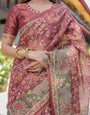 Maroon Handloom Cotton Saree with Intricate Peacock & Floral Art – Contrast Green Pallu