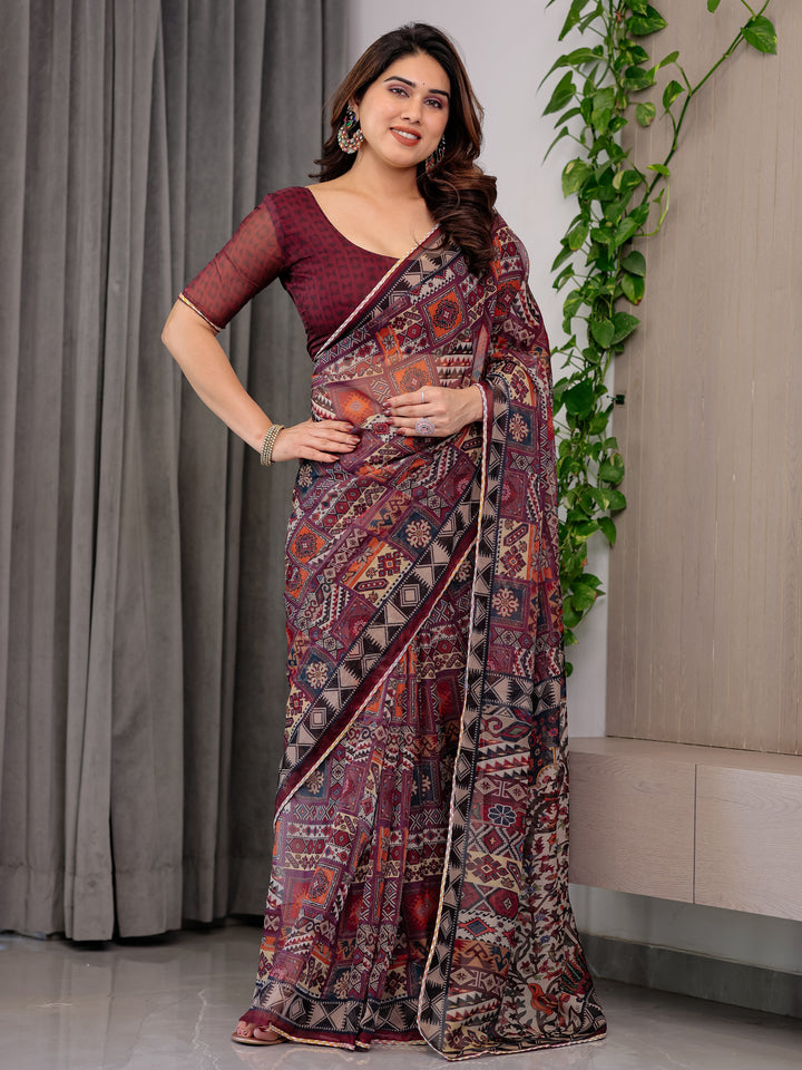 Maroon Tribal Geometric Printed Organza Saree with Kalamkari Inspired Pallu | Designer Ethnic Patchwork Style Organza Saree with Attached Blouse Piece | Festive & Party Wear Saree