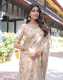Ivory Cream Handloom Cotton Saree with Peacock & Floral Digital Print