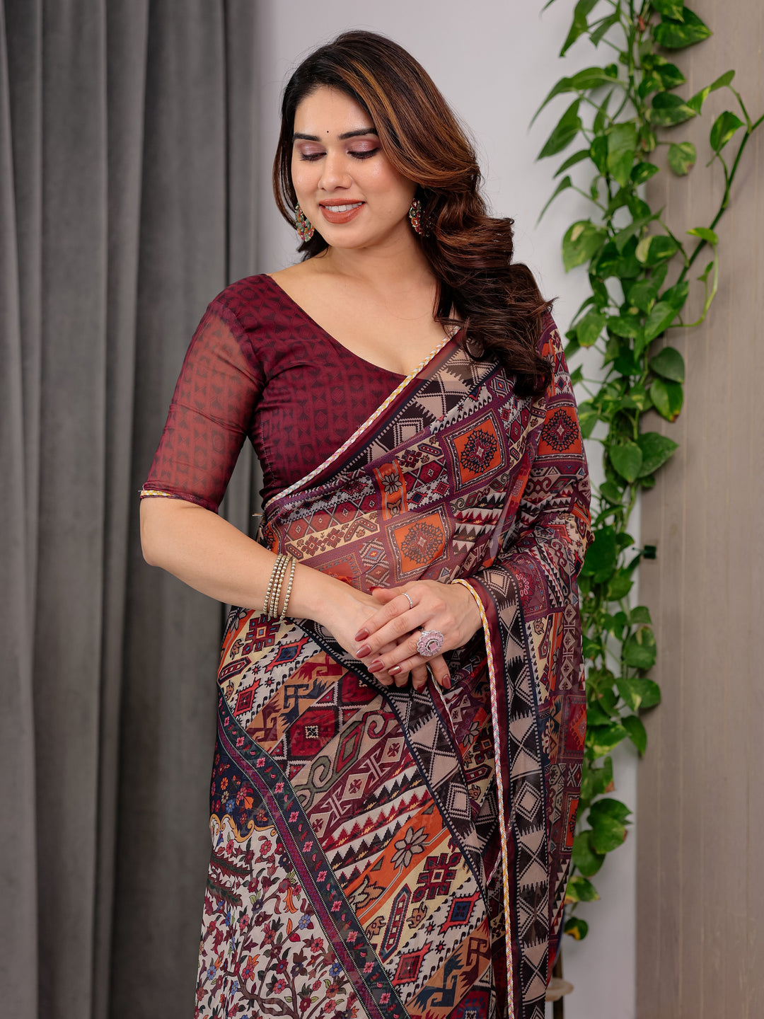 Maroon Tribal Geometric Printed Organza Saree with Kalamkari Inspired Pallu | Designer Ethnic Patchwork Style Organza Saree with Attached Blouse Piece | Festive & Party Wear Saree
