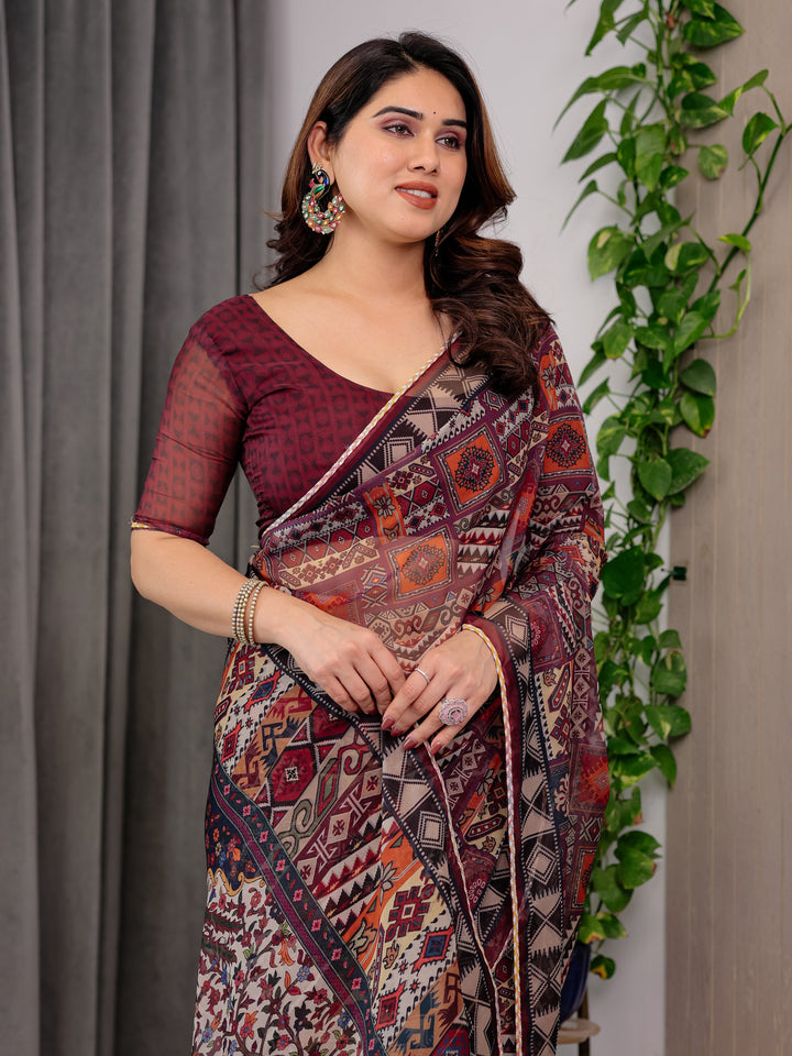 Maroon Tribal Geometric Printed Organza Saree with Kalamkari Inspired Pallu | Designer Ethnic Patchwork Style Organza Saree with Attached Blouse Piece | Festive & Party Wear Saree