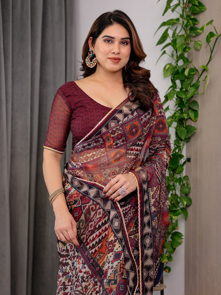 Maroon Tribal Geometric Printed Organza Saree with Kalamkari Inspired Pallu | Designer Ethnic Patchwork Style Organza Saree with Attached Blouse Piece | Festive & Party Wear Saree