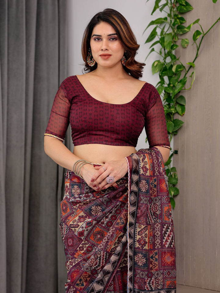 Maroon Tribal Geometric Printed Organza Saree with Kalamkari Inspired Pallu | Designer Ethnic Patchwork Style Organza Saree with Attached Blouse Piece | Festive & Party Wear Saree