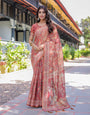 Rust Red Handloom Cotton Saree with Artistic Peacock & Floral Print – Contrast Blouse Included