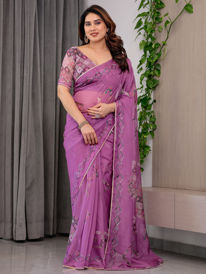 Royal Orchid Pink Printed Organza Saree with Geometric Motif Design & Multicolour Lace Border | Designer Lightweight Organza Saree with Attached Blouse Piece | Elegant Festive Wear Saree