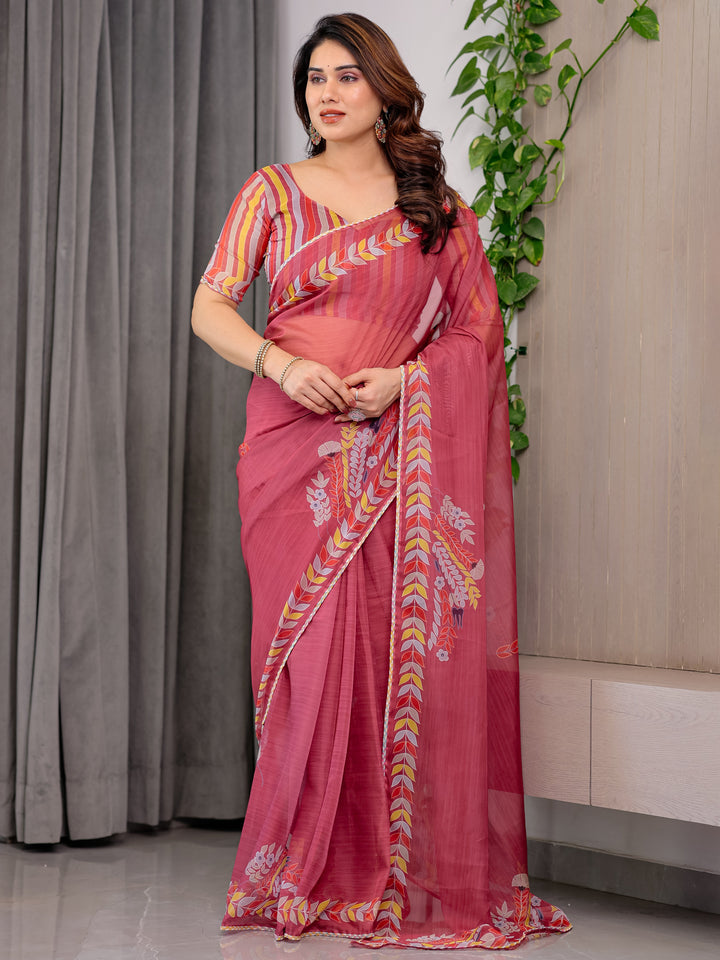 Rose Red Floral Printed Organza Saree with Multicolour Leaf Border | Lightweight Designer Organza Saree with Attached Blouse Piece | Elegant Festive & Party Wear Saree