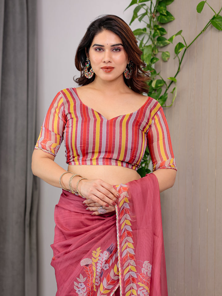 Rose Red Floral Printed Organza Saree with Multicolour Leaf Border | Lightweight Designer Organza Saree with Attached Blouse Piece | Elegant Festive & Party Wear Saree