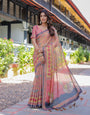 Peach Pink Handloom Cotton Saree with Lotus & Bird Motifs and Navy Border Pallu