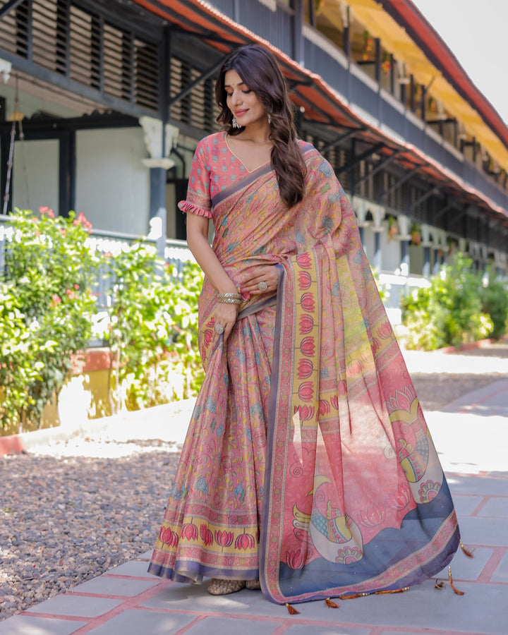 Peach Pink Handloom Cotton Saree with Lotus & Bird Motifs and Navy Border Pallu