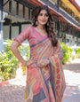 Peach Pink Handloom Cotton Saree with Lotus & Bird Motifs and Navy Border Pallu