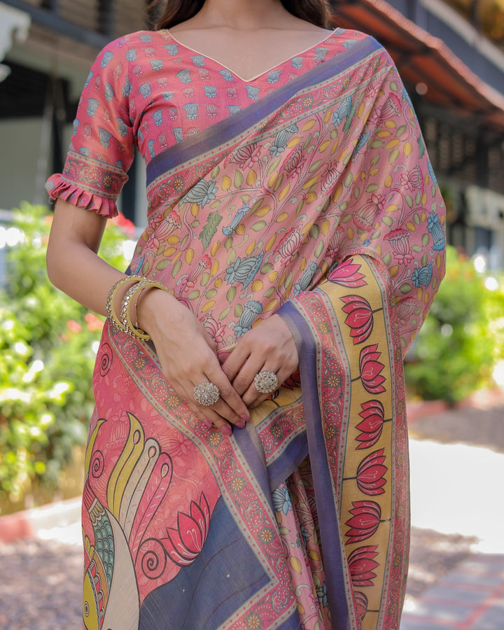 Peach Pink Handloom Cotton Saree with Lotus & Bird Motifs and Navy Border Pallu