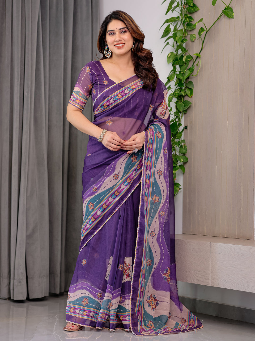 Royal Purple Printed Organza Saree with Multicolour Ethnic Border & Lace Edges | Designer Lightweight Organza Saree with Attached Blouse Piece | Festive & Party Wear Saree