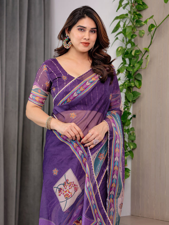 Royal Purple Printed Organza Saree with Multicolour Ethnic Border & Lace Edges | Designer Lightweight Organza Saree with Attached Blouse Piece | Festive & Party Wear Saree