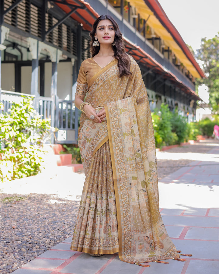 Mustard Brown Pure Handloom Cotton Saree with Village Life Digital Print & Contrast Pallu