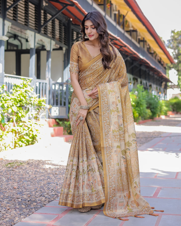 Mustard Brown Pure Handloom Cotton Saree with Village Life Digital Print & Contrast Pallu