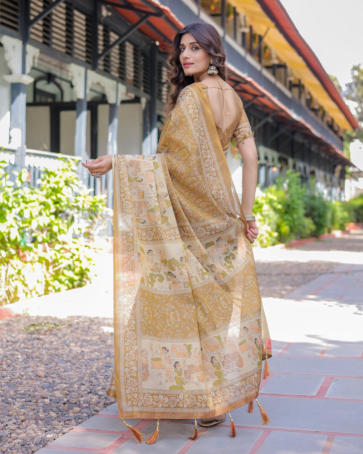 Mustard Brown Pure Handloom Cotton Saree with Village Life Digital Print & Contrast Pallu