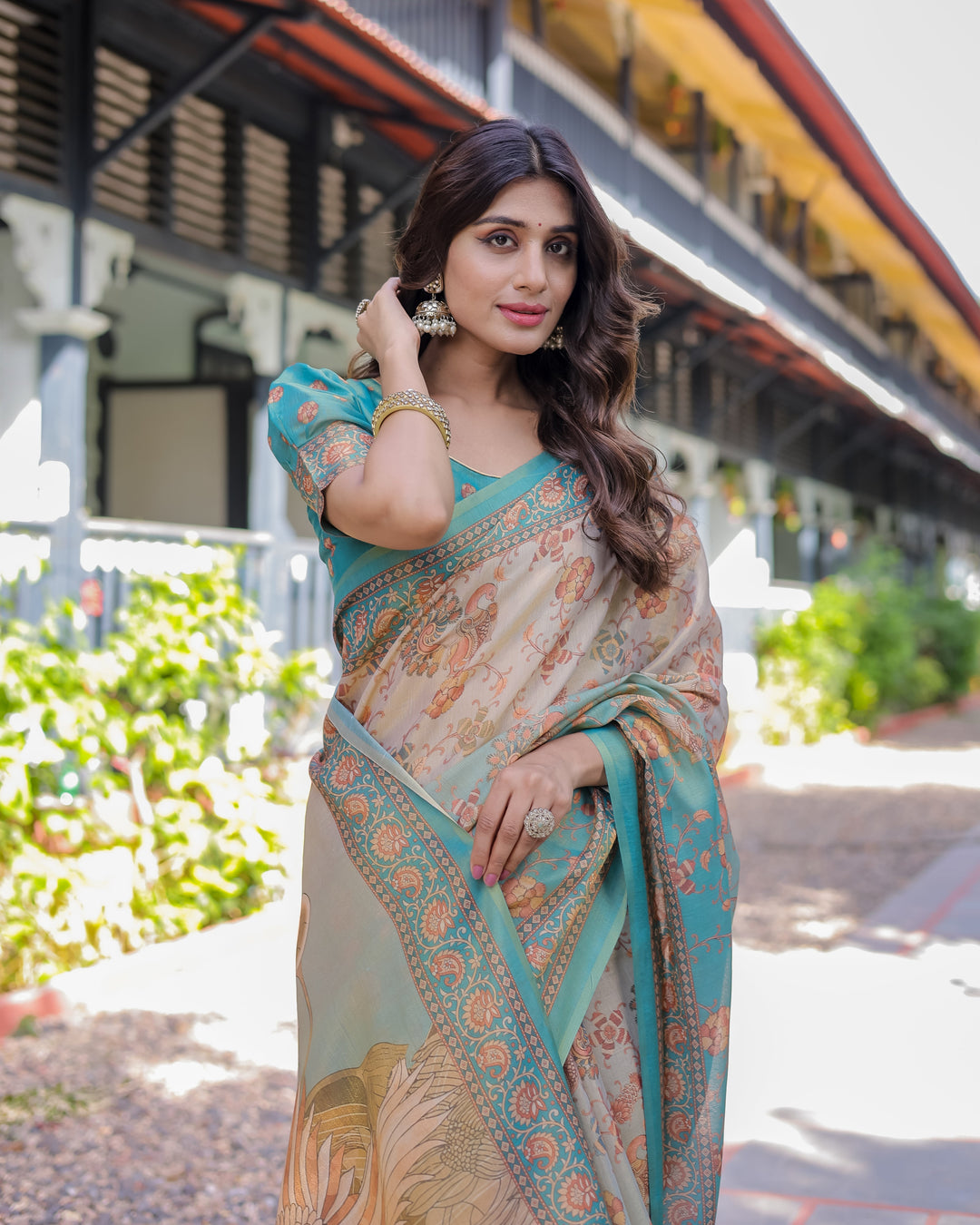 Teal Beige Handloom Cotton Saree with Swan Motif Pallu & Floral Digital Print