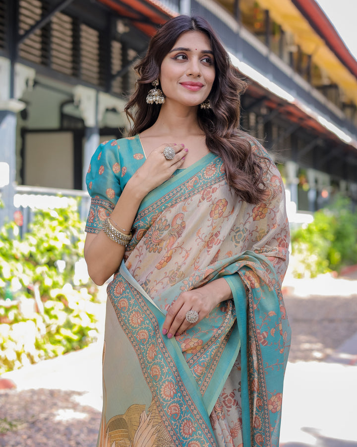 Teal Beige Handloom Cotton Saree with Swan Motif Pallu & Floral Digital Print