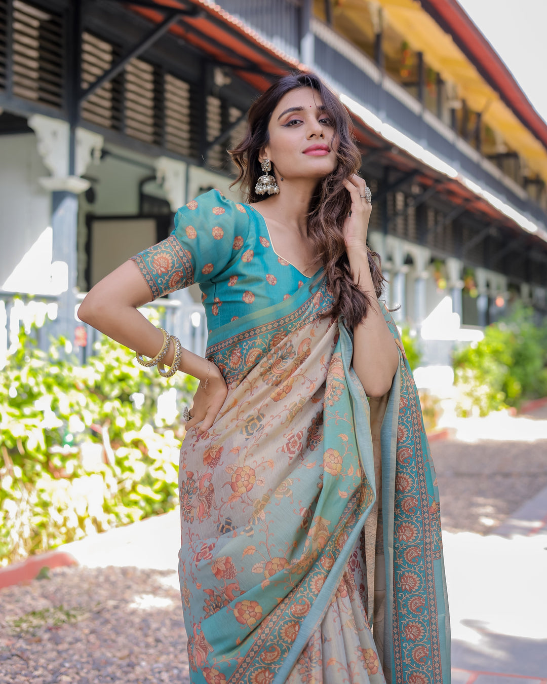 Teal Beige Handloom Cotton Saree with Swan Motif Pallu & Floral Digital Print