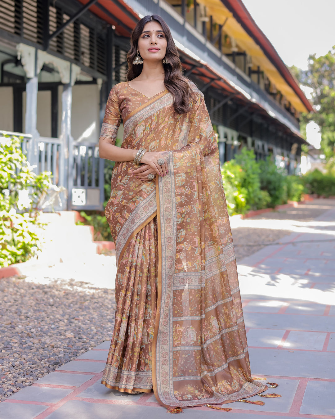 Royal Brown Procession Print Handloom Cotton Saree with Illustrated Pallu & Blouse