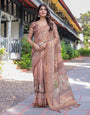 Divine Brown Handloom Cotton Saree with Radha Krishna & Cow Motif – Ethnic Village Charm