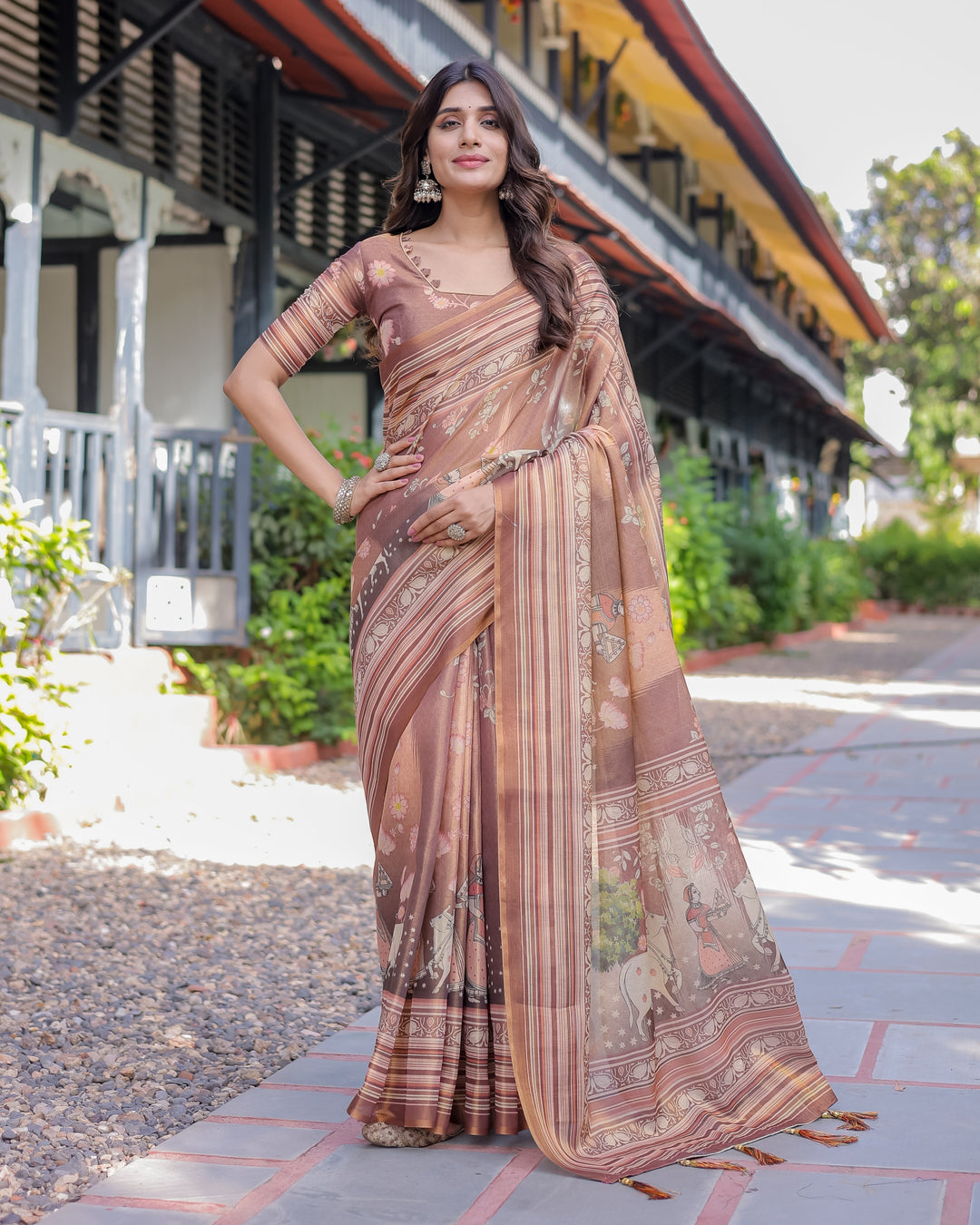 Divine Brown Handloom Cotton Saree with Radha Krishna & Cow Motif – Ethnic Village Charm