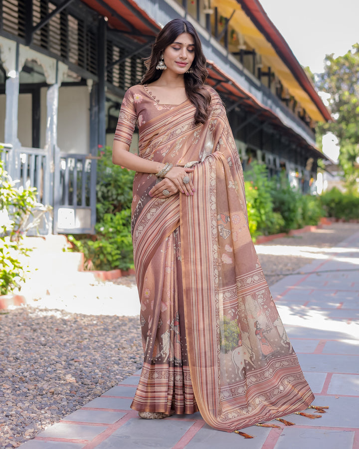 Divine Brown Handloom Cotton Saree with Radha Krishna & Cow Motif – Ethnic Village Charm