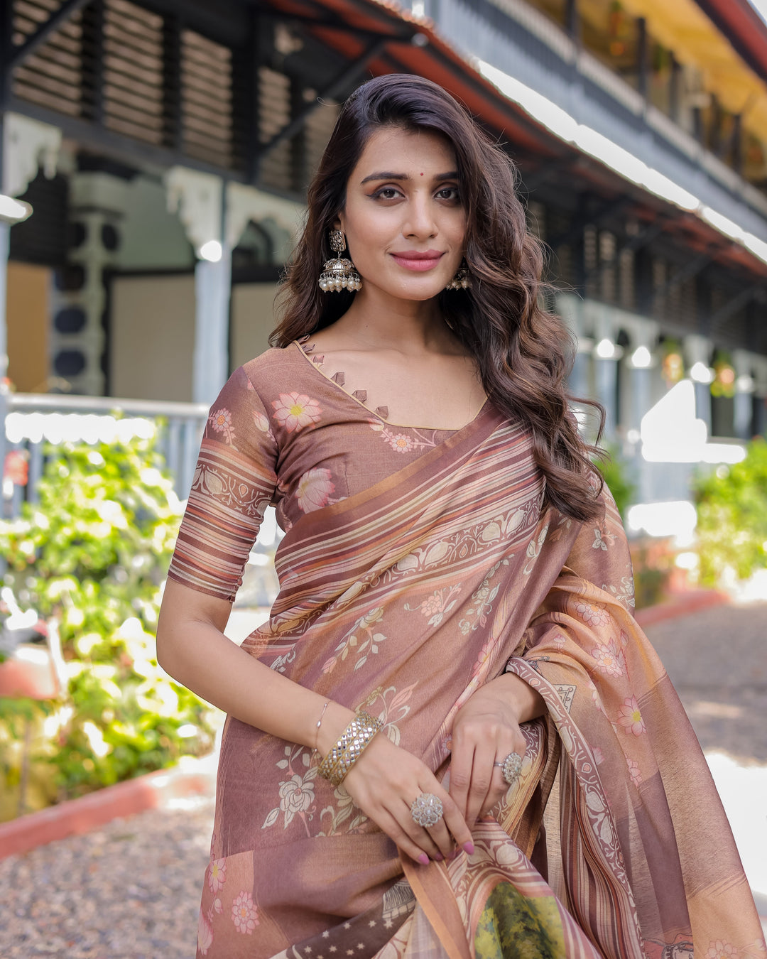 Divine Brown Handloom Cotton Saree with Radha Krishna & Cow Motif – Ethnic Village Charm