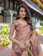 Divine Brown Handloom Cotton Saree with Radha Krishna & Cow Motif – Ethnic Village Charm