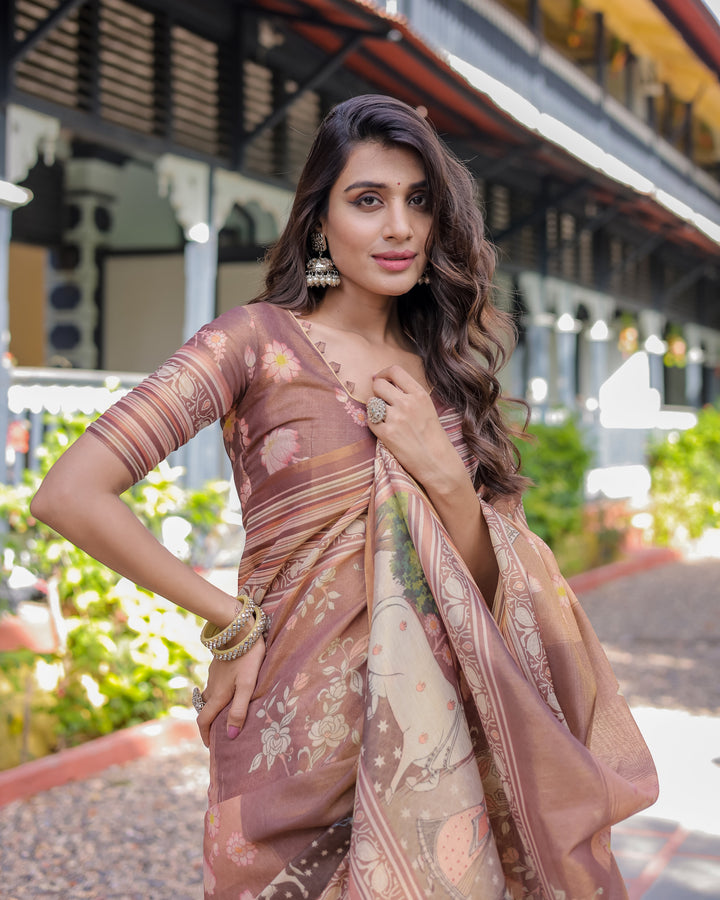 Divine Brown Handloom Cotton Saree with Radha Krishna & Cow Motif – Ethnic Village Charm