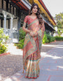 Rust Maroon Handloom Cotton Saree with Folk Procession Pallu & Floral Vine Print