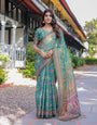 Sea Green Handloom Cotton Saree with Multicolor Floral & Royal Procession Pallu