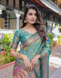 Sea Green Handloom Cotton Saree with Multicolor Floral & Royal Procession Pallu
