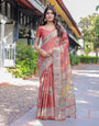 Rust Red Madhubani Fish Art Pure Handloom Cotton Saree with Contrast Blouse & Tassels
