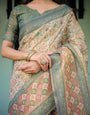 Beige Green Handloom Cotton Saree with Lotus Print & Colorful Peacock Pallu