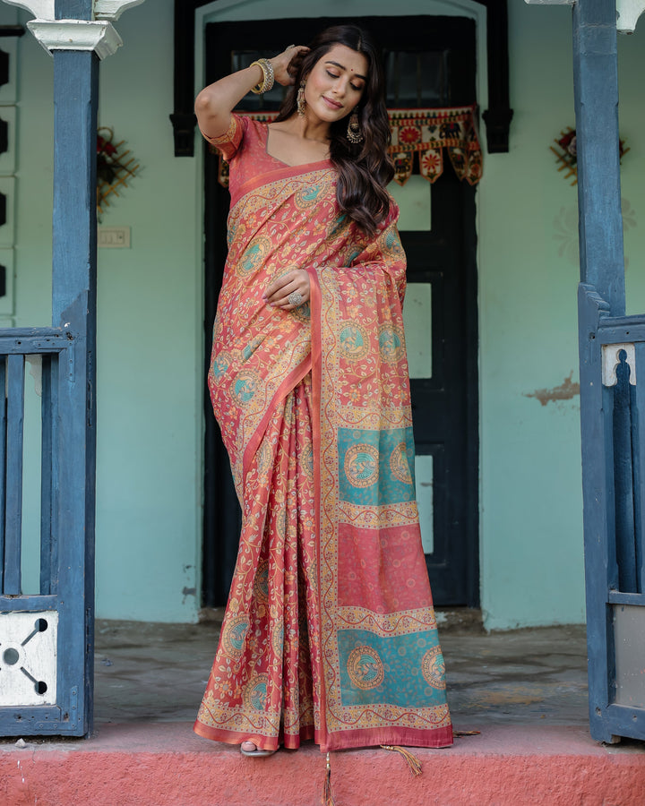 Terracotta Red Handloom Cotton Saree with Floral Vine Print & Dual-Toned Royal Motif Pallu