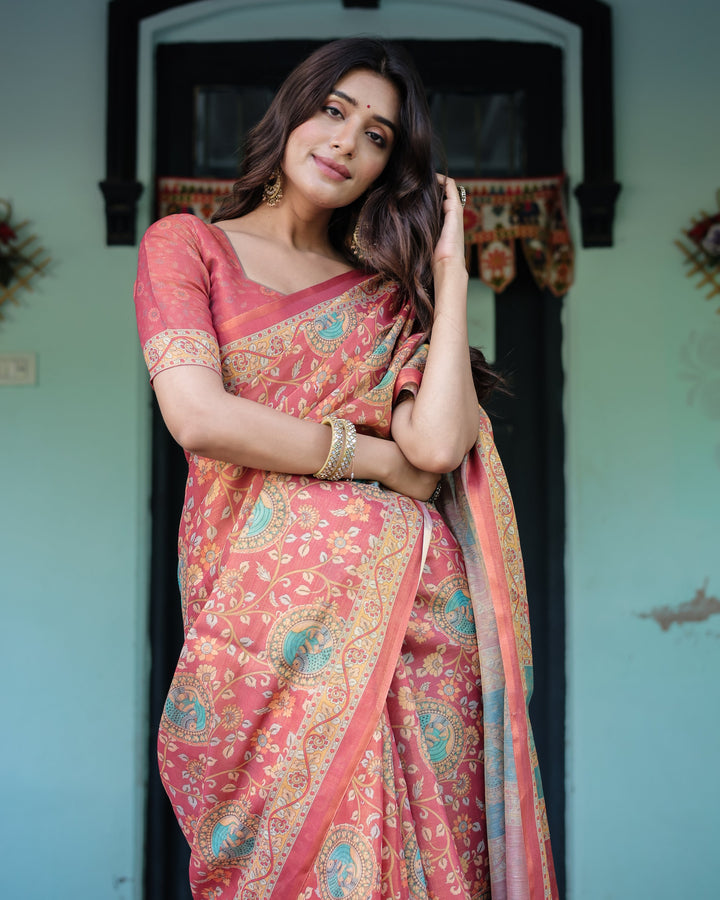 Terracotta Red Handloom Cotton Saree with Floral Vine Print & Dual-Toned Royal Motif Pallu