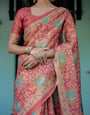 Terracotta Red Handloom Cotton Saree with Floral Vine Print & Dual-Toned Royal Motif Pallu