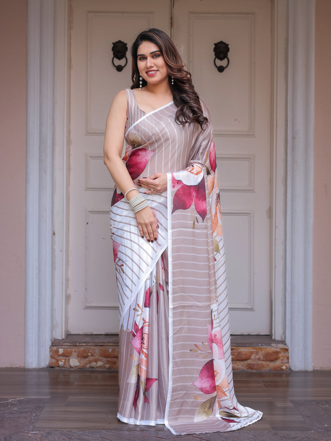 Ivory Beige Artistic Floral Printed Satin Georgette Saree with Matching Blouse – Elegant Festive & Party Wear