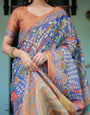 Royal Blue & Rust Handloom Cotton Saree with Bold Floral Print & Grand Peacock Pallu