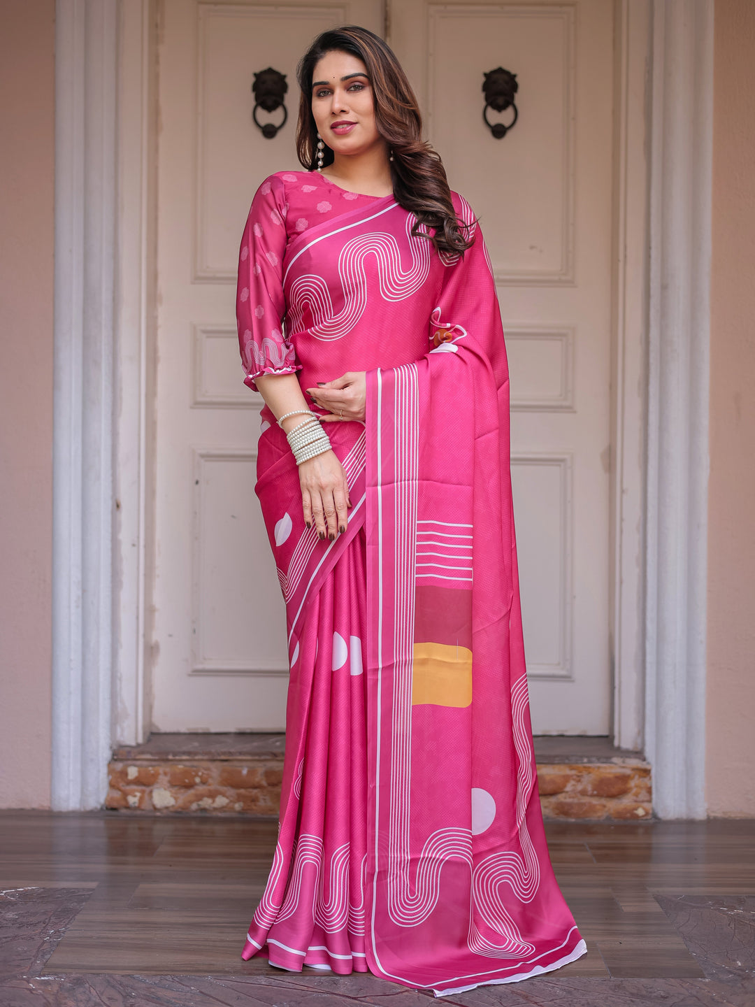 Wine & Ivory Artistic Horse Print Soft Satin Georgette Saree with Matching Blouse – Statement Contemporary Draping