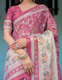 Rose Pink Handloom Cotton Saree with Ivory Elephant Procession Pallu & Floral Print
