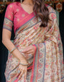 Ivory Pink Handloom Cotton Saree with Floral Print & Traditional Peacock Arch Pallu