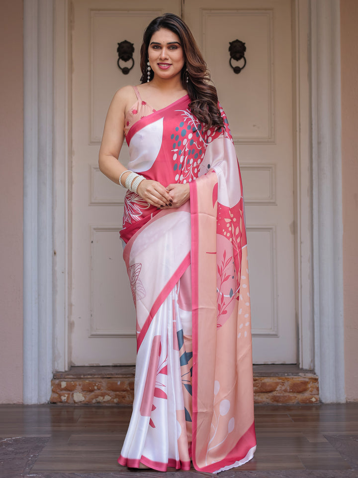 Peach Pink Botanical Printed Satin Georgette Saree with Matching Blouse – Soft Elegant Party & Day Festive Wear