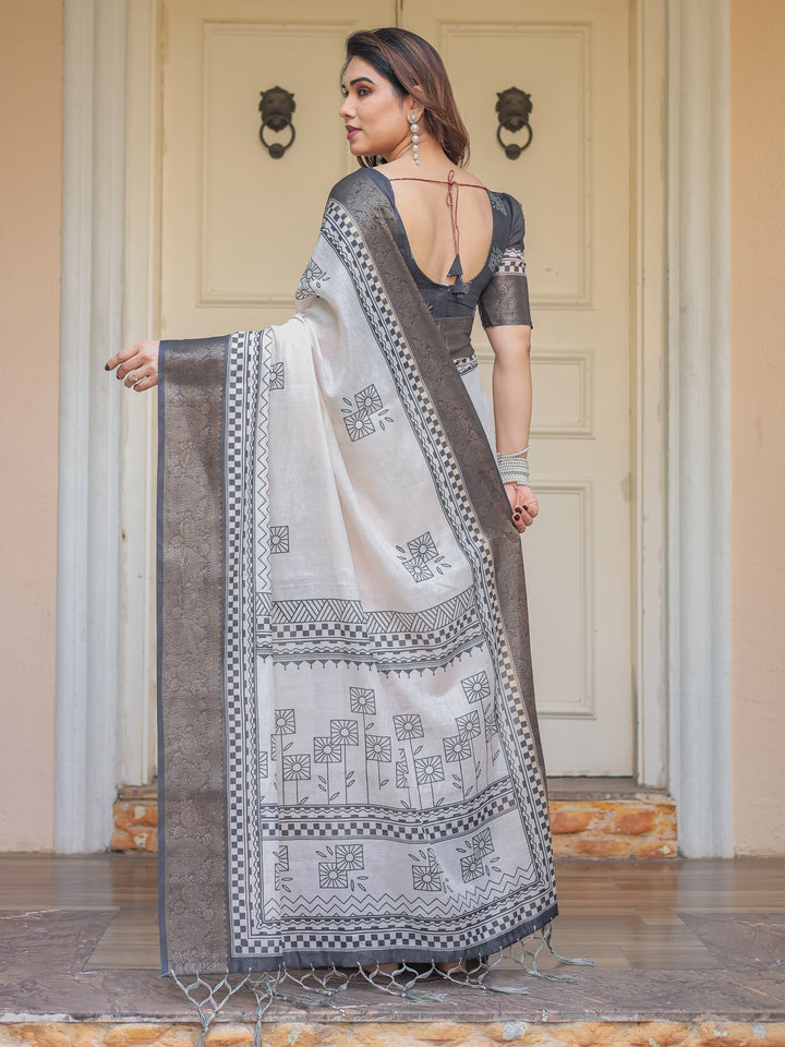 Charcoal Grey Handloom Cotton Printed Saree with Ethnic Geometric Pallu, Woven Border & Tassels – Classic Traditional Wear
