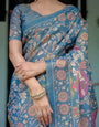 Dusty Blue Handloom Cotton Saree with Floral Print & Pink Cow Lotus Motif Pallu