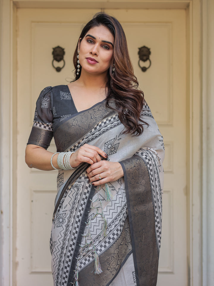 Charcoal Grey Handloom Cotton Printed Saree with Ethnic Geometric Pallu, Woven Border & Tassels – Classic Traditional Wear